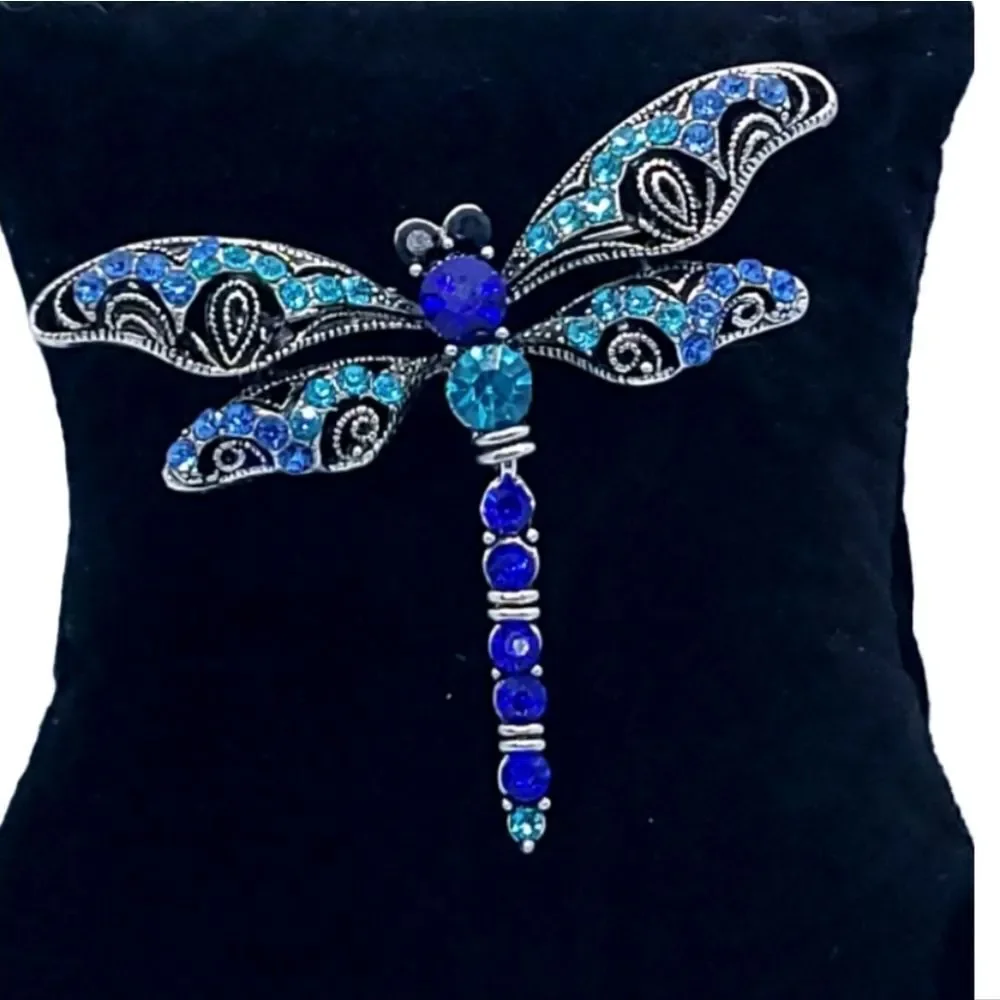 Blue Rhinestone Dragonfly Brooch Articulated Tail Silver Statement Pin Gift NIP